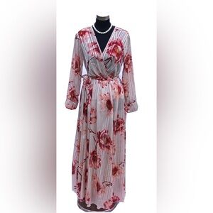 Red Floral Cream V-Neck Maxi Dress